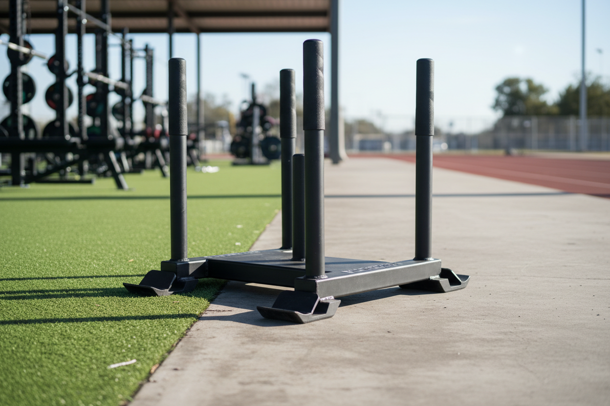 heavy duty conditioning sled in real life
Multi-surface skids for turf and hard ground
Dual push poles included
Heavy-duty steel build
Plate-loaded post
Compact, easy storage
