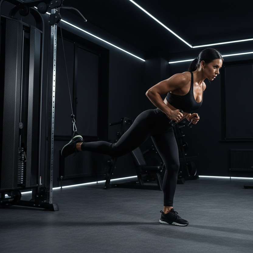girl using a cable machine doing leg exercise in a black gym